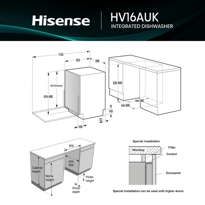 Hisense HV16AUK Integrated Dishwasher with 16 Place Settings