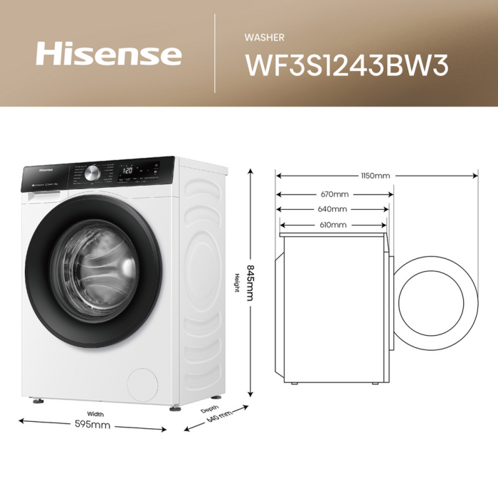 Hisense WF3S1243BW3 12kg 1400 Spin Steam Washer
