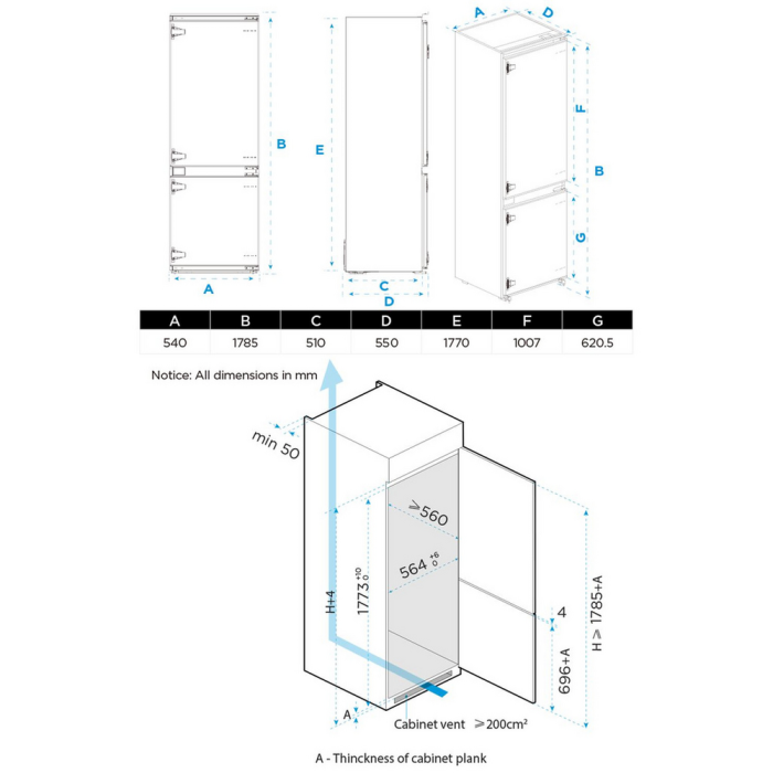 Midea MDRE379FGE01D 54cm 70/30 Built-In Fridge Freezer
