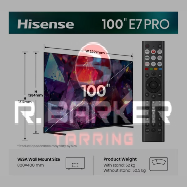 Hisense 100E7STUK PRO 100inch 4K QLED 144Hz TV Grey